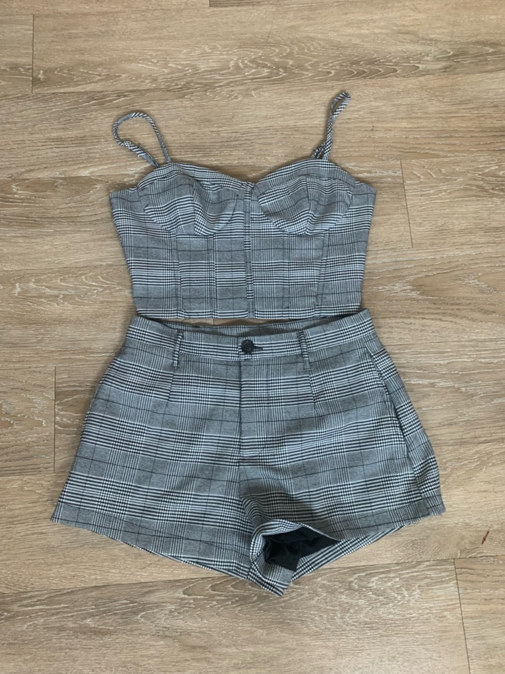 Forever 21 Grey Plaid Set Crop Tank Top & High-Waist Shorts (Top: S, Shorts: M)